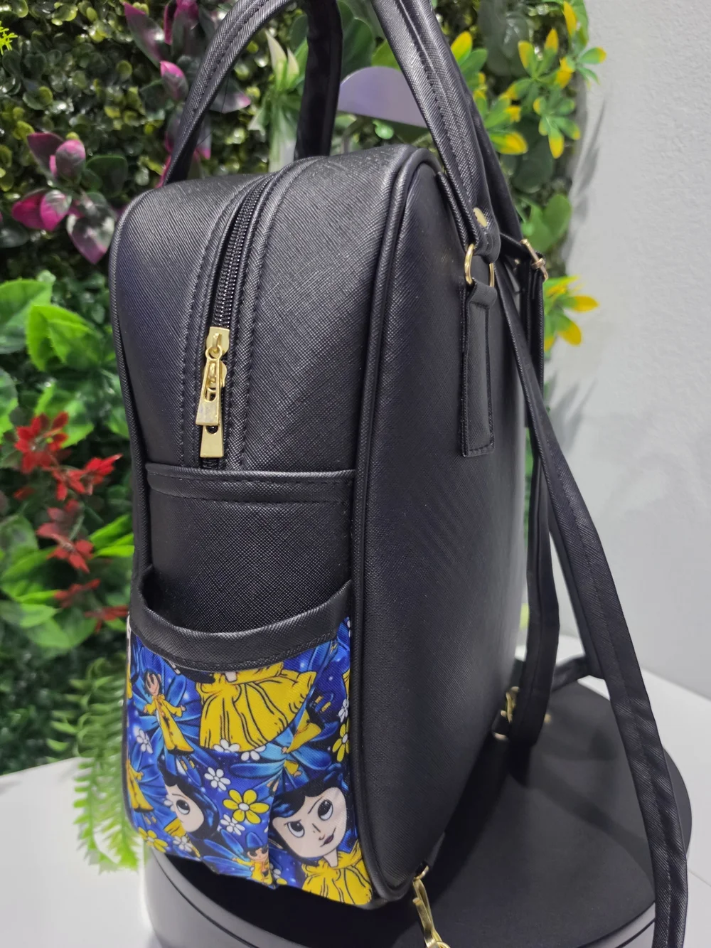 Handmade 30cm Coraline Black Backpack with Blue Hair Character Accent